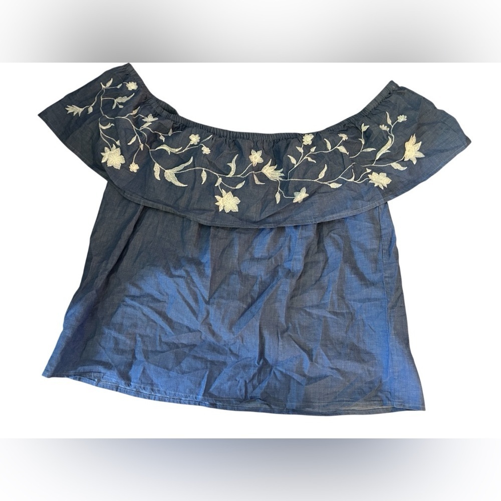 Roper Blue Off-Shoulder Top with white Floral Embroidery